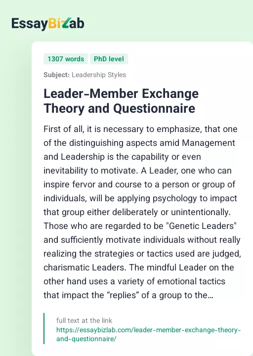 Leader-Member Exchange Theory and Questionnaire - Essay Preview
