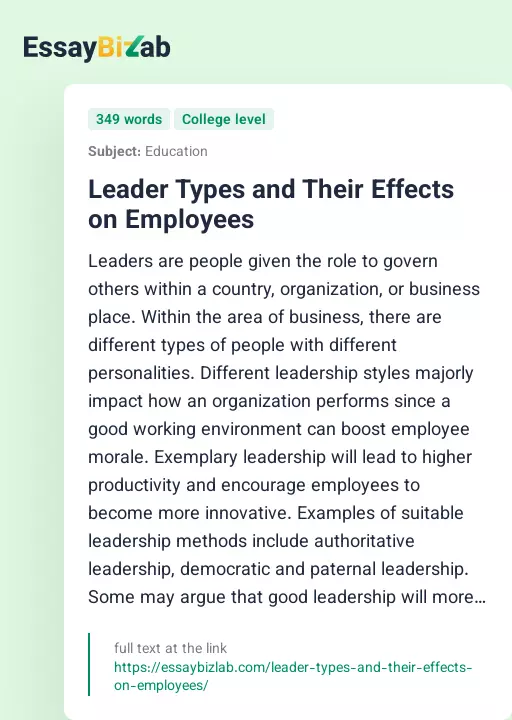 Leader Types and Their Effects on Employees - Essay Preview