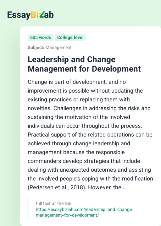 Leadership and Change Management for Development - Essay Preview
