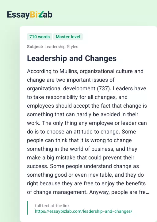 Leadership and Changes - Essay Preview