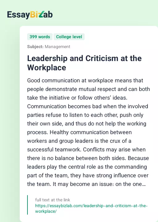 Leadership and Criticism at the Workplace - Essay Preview