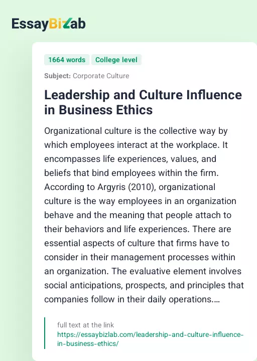 Leadership and Culture Influence in Business Ethics - Essay Preview