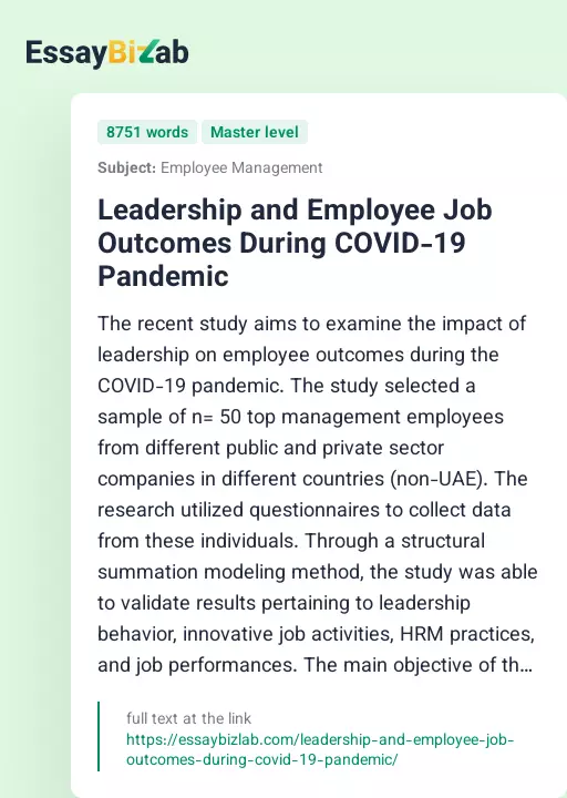 Leadership and Employee Job Outcomes During COVID-19 Pandemic - Essay Preview