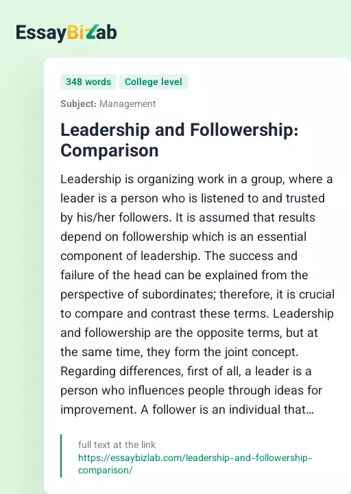 Leadership and Followership: Comparison - Essay Preview