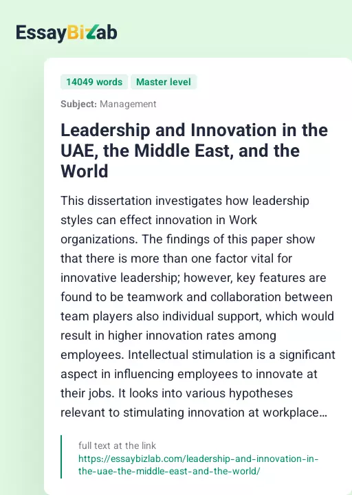 Leadership and Innovation in the UAE, the Middle East, and the World - Essay Preview