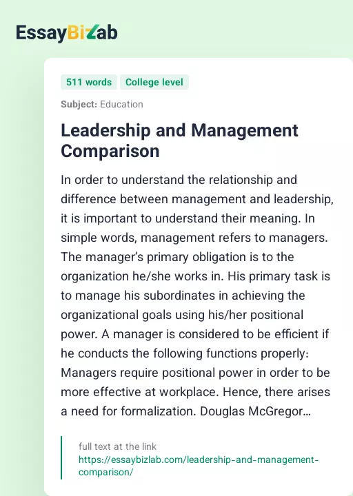 Leadership and Management Comparison - Essay Preview
