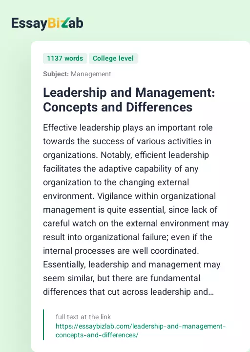 Leadership and Management: Concepts and Differences - Essay Preview