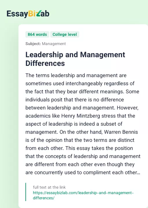 Leadership and Management Differences - Essay Preview