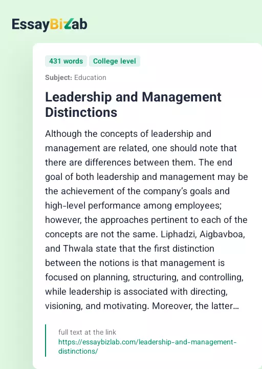 Leadership and Management Distinctions - Essay Preview