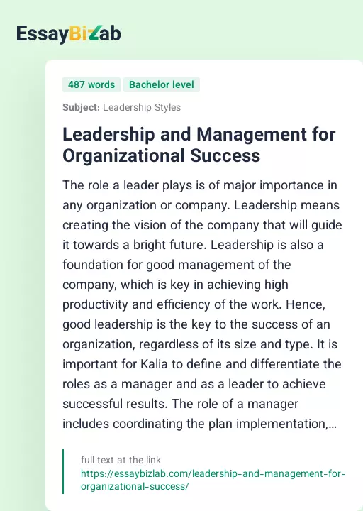 Leadership and Management for Organizational Success - Essay Preview