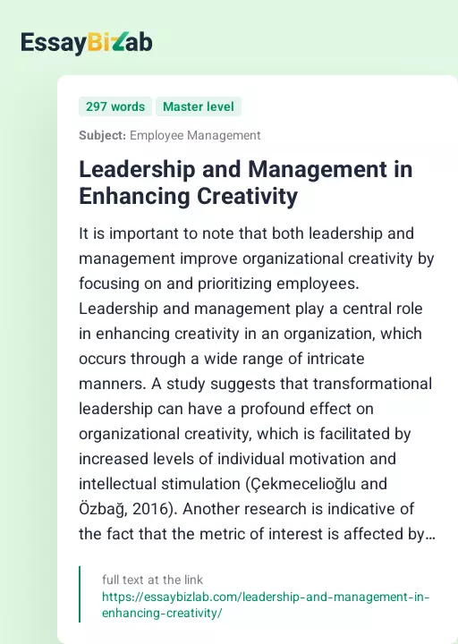 Leadership and Management in Enhancing Creativity - Essay Preview
