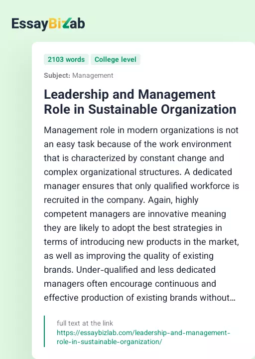 Leadership and Management Role in Sustainable Organization - Essay Preview