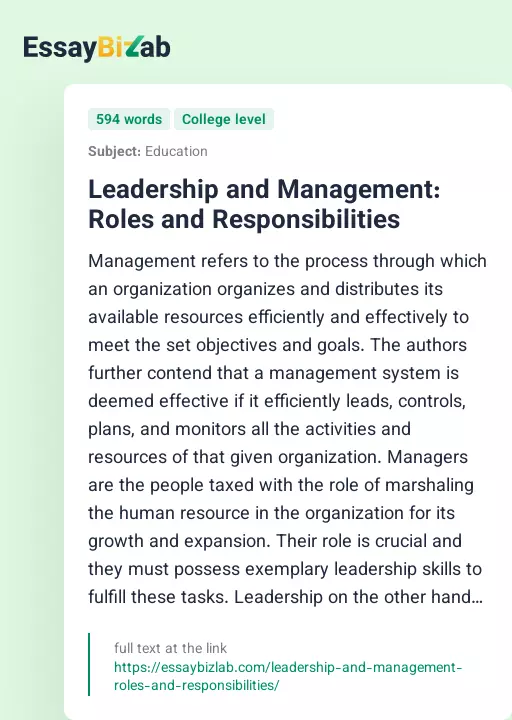 Leadership and Management: Roles and Responsibilities - Essay Preview