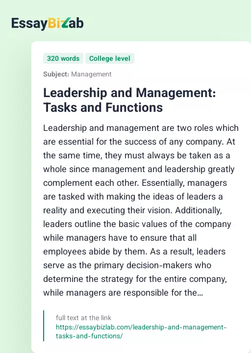 Leadership and Management: Tasks and Functions - Essay Preview