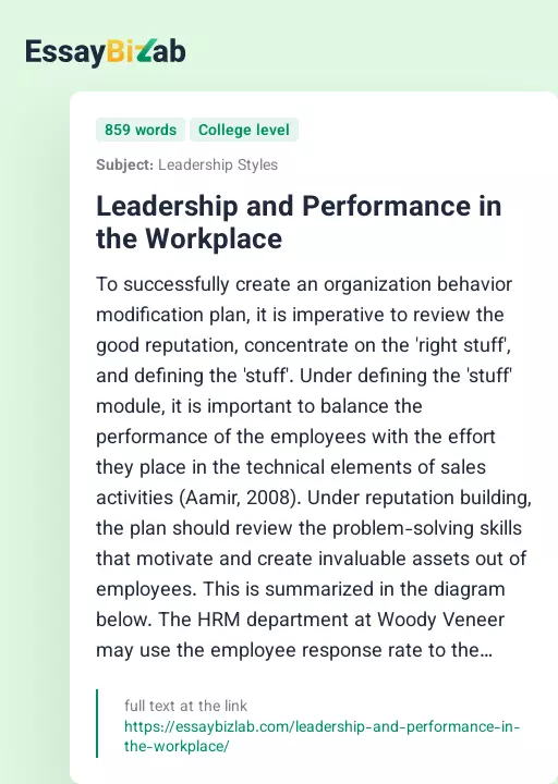 Leadership and Performance in the Workplace - Essay Preview