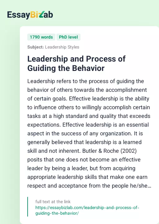 Leadership and Process of Guiding the Behavior - Essay Preview