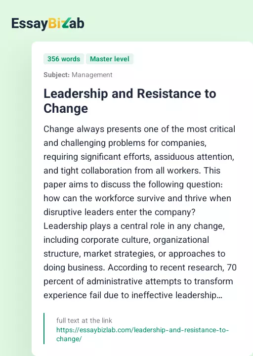Leadership and Resistance to Change - Essay Preview