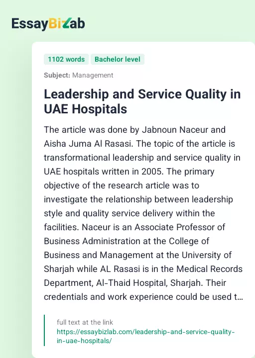 Leadership and Service Quality in UAE Hospitals - Essay Preview