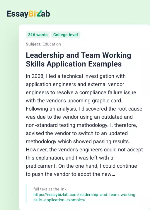 Leadership and Team Working Skills Application Examples - Essay Preview