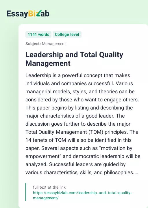 Leadership and Total Quality Management - Essay Preview