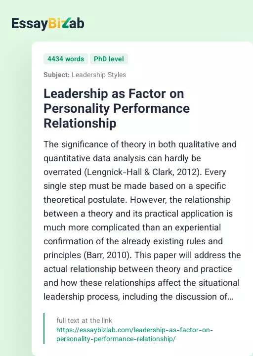 Leadership as Factor on Personality Performance Relationship - Essay Preview
