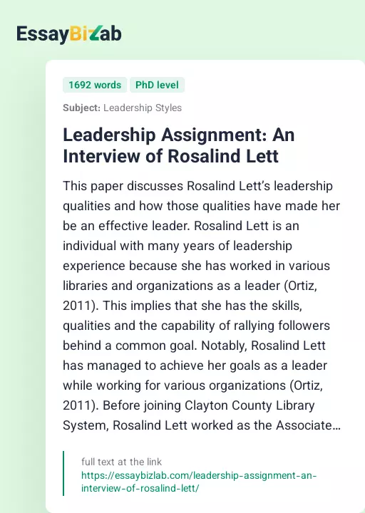 Leadership Assignment: An Interview of Rosalind Lett - Essay Preview
