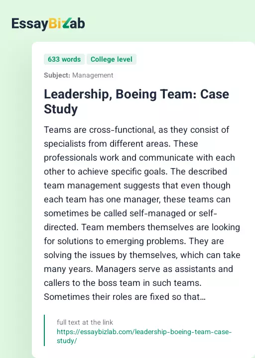 Leadership, Boeing Team: Case Study - Essay Preview