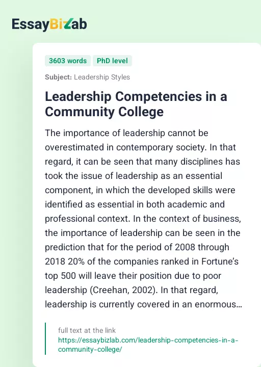Leadership Competencies in a Community College - Essay Preview