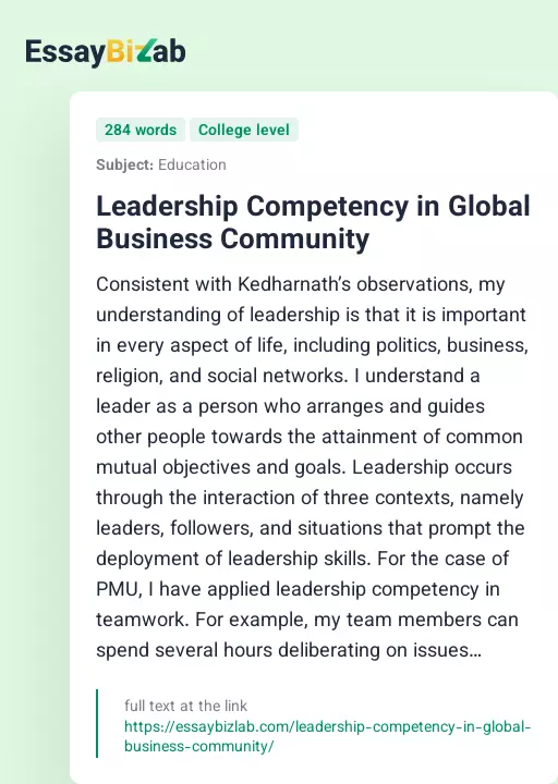Leadership Competency in Global Business Community - Essay Preview