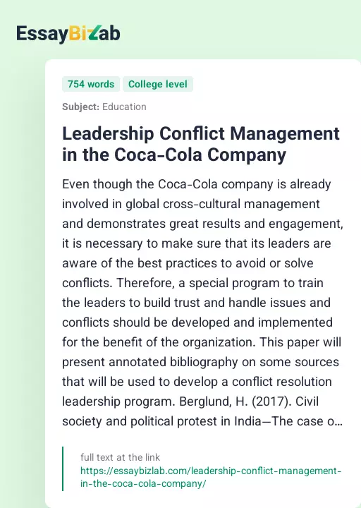 Leadership Conflict Management in the Coca-Cola Company - Essay Preview
