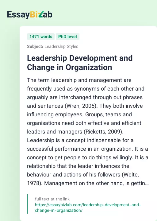 Leadership Development and Change in Organization - Essay Preview