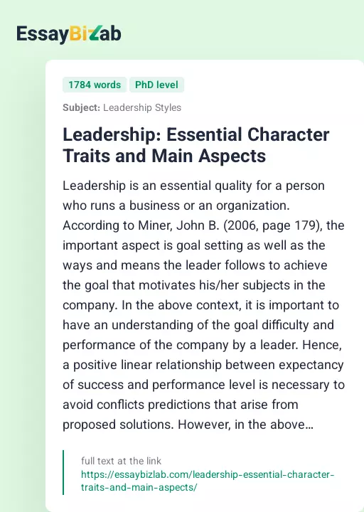 Leadership: Essential Character Traits and Main Aspects - Essay Preview