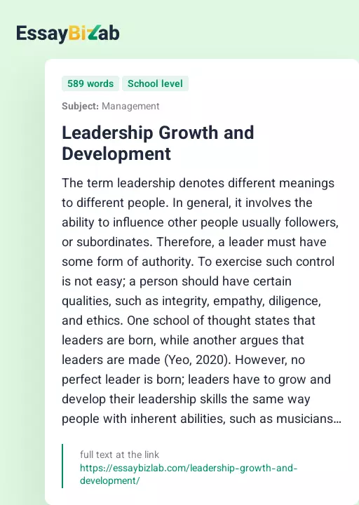 Leadership Growth and Development - Essay Preview