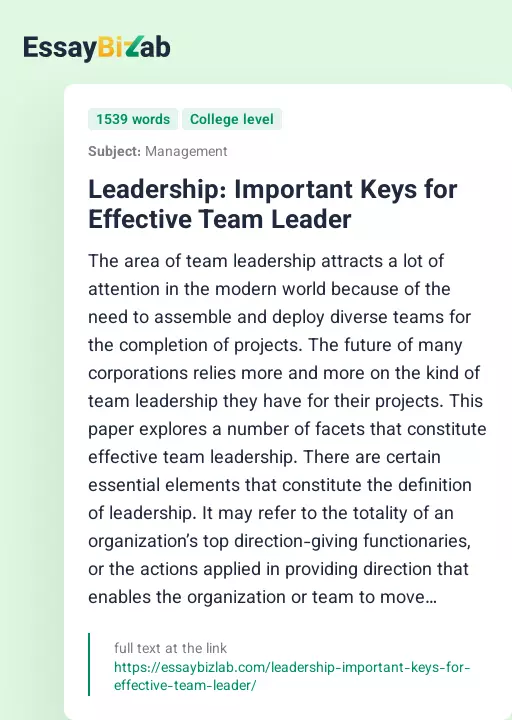 Leadership: Important Keys for Effective Team Leader - Essay Preview