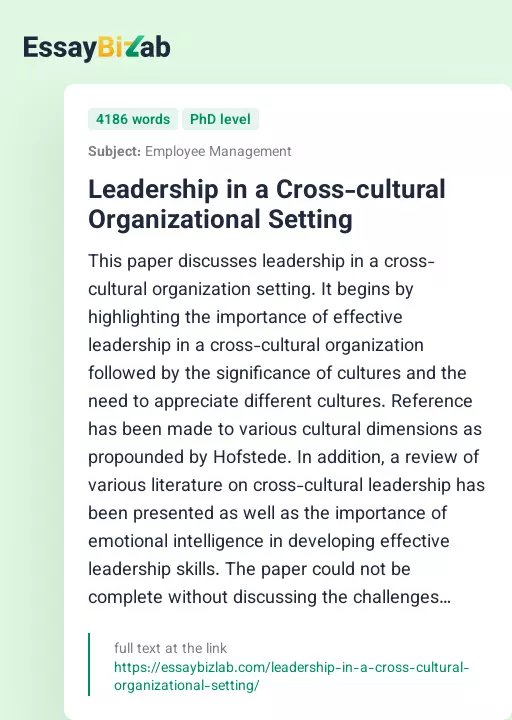 Leadership in a Cross-cultural Organizational Setting - Essay Preview