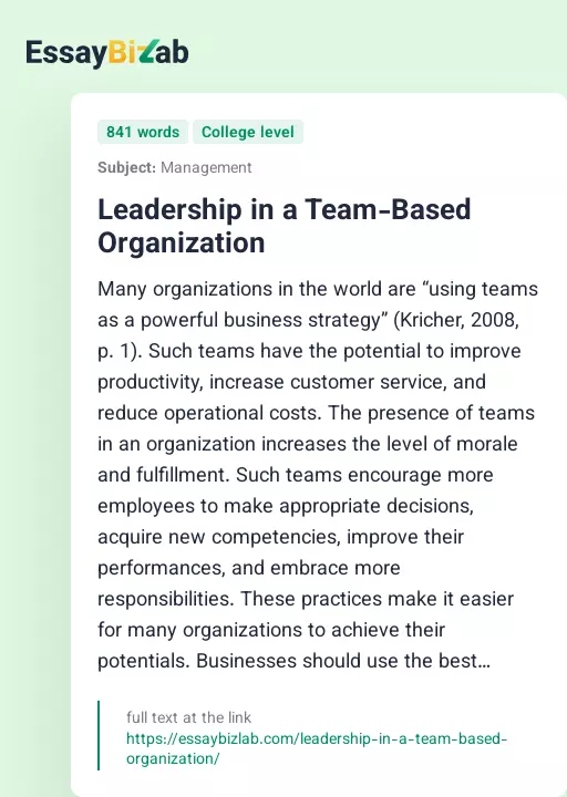 Leadership in a Team-Based Organization - Essay Preview