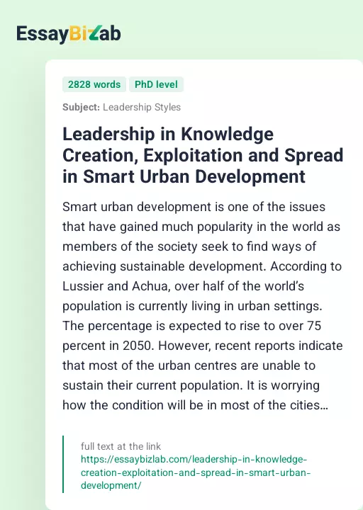 Leadership in Knowledge Creation, Exploitation and Spread in Smart Urban Development - Essay Preview