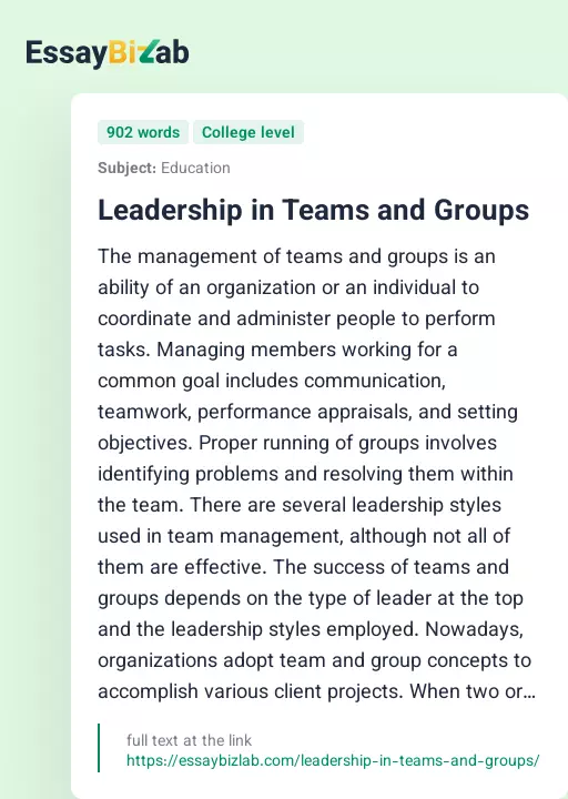 Leadership in Teams and Groups - Essay Preview