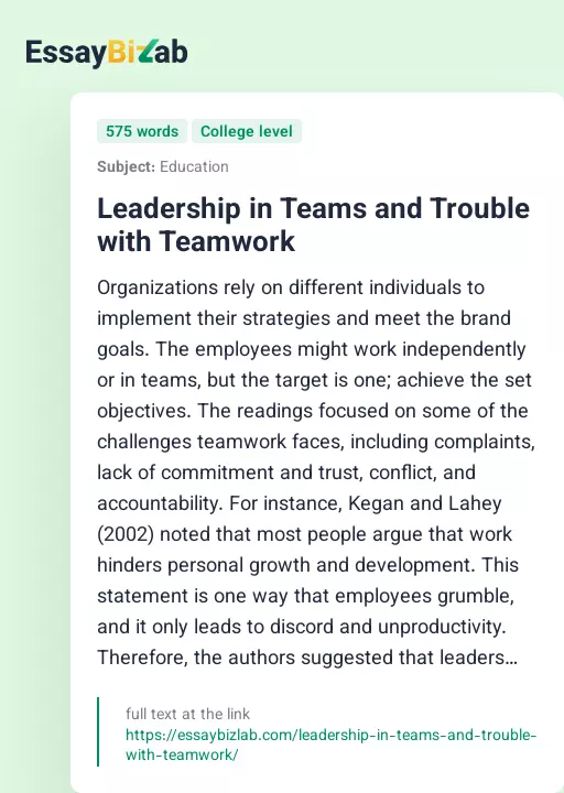 Leadership in Teams and Trouble with Teamwork - Essay Preview
