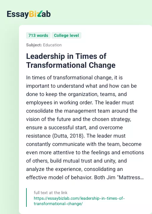 Leadership in Times of Transformational Change - Essay Preview