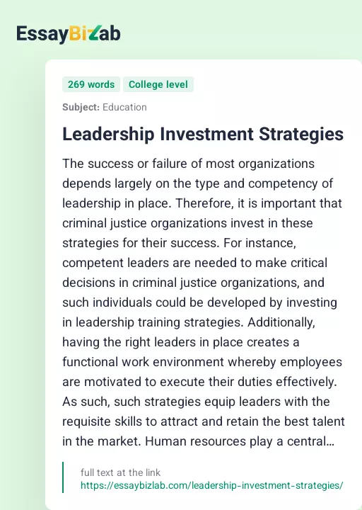 Leadership Investment Strategies - Essay Preview