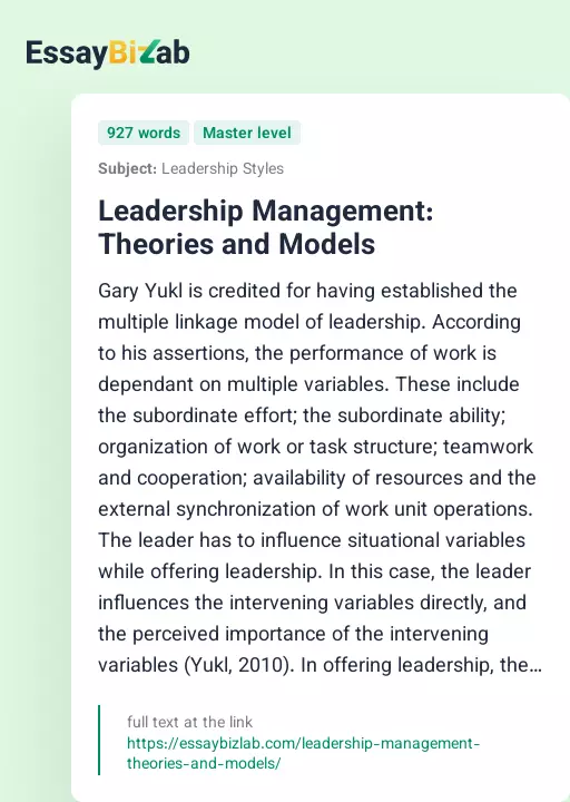 Leadership Management: Theories and Models - Essay Preview