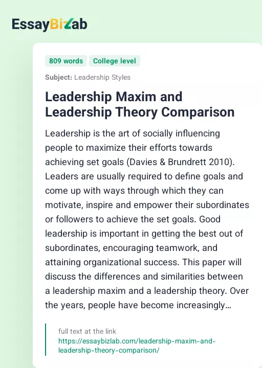 Leadership Maxim and Leadership Theory Comparison - Essay Preview