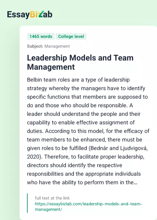 Leadership Models and Team Management - Essay Preview