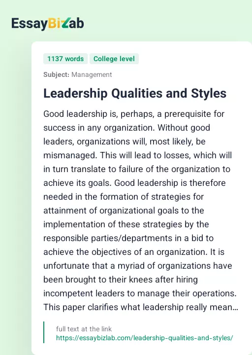 Leadership Qualities and Styles - Essay Preview