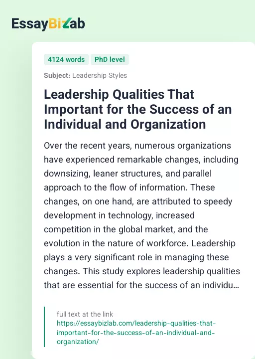 Leadership Qualities That Important for the Success of an Individual and Organization - Essay Preview
