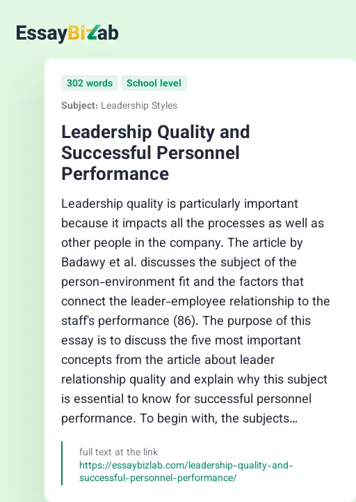Leadership Quality and Successful Personnel Performance - Essay Preview