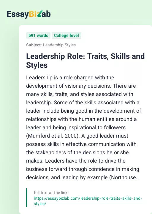 Leadership Role: Traits, Skills and Styles - Essay Preview