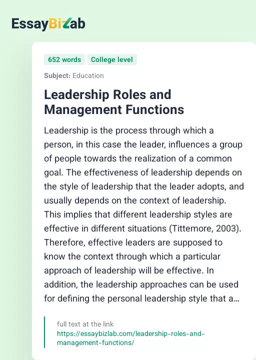 Leadership Roles and Management Functions - Essay Preview