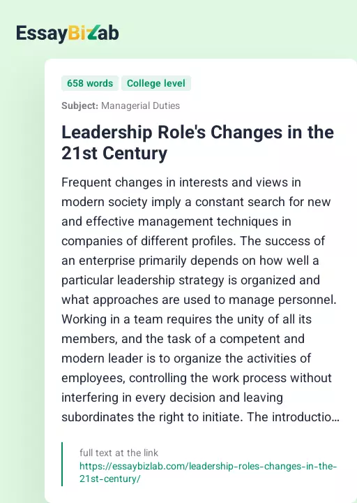 Leadership Role's Changes in the 21st Century - Essay Preview